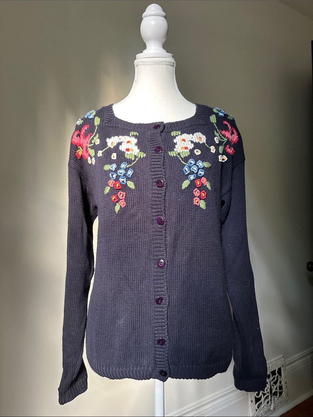 ST. MICHAEL Vintage 100% Cotton Knit Embroidered Floral Cottage Cardigan Sz 10